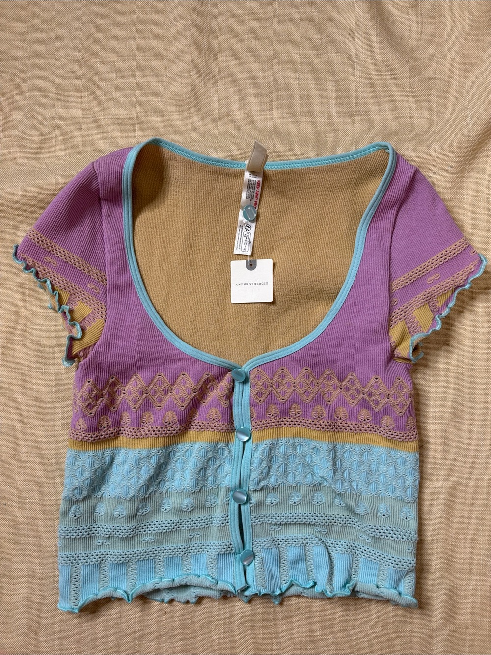 Anthropologie Purple, Light Blue & Mustard Cropped Knit Button Cardigan